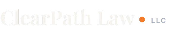 Logo of ClearPath Law with white text and an orange dot on a black background.
