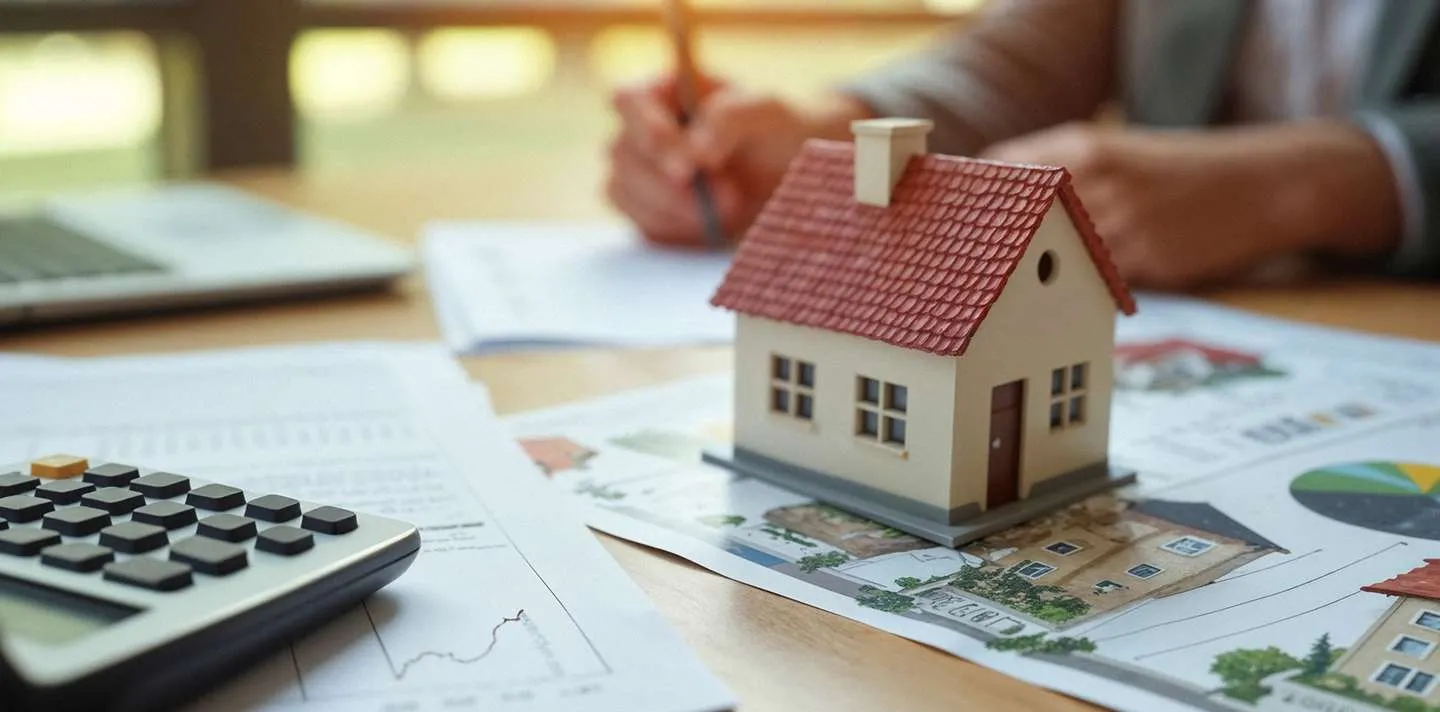 Close-up of a miniature house model on architectural plans with a calculator and person writing in the background.