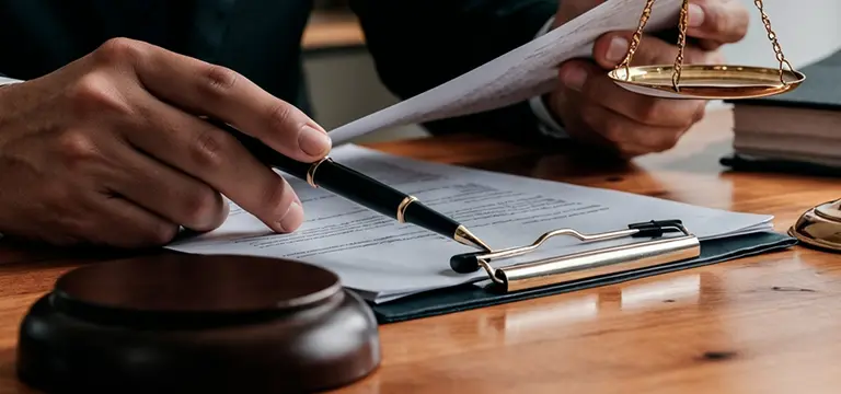 Close-up of hands reviewing legal documents with pen, scales of justice, and gavel on wooden desk.