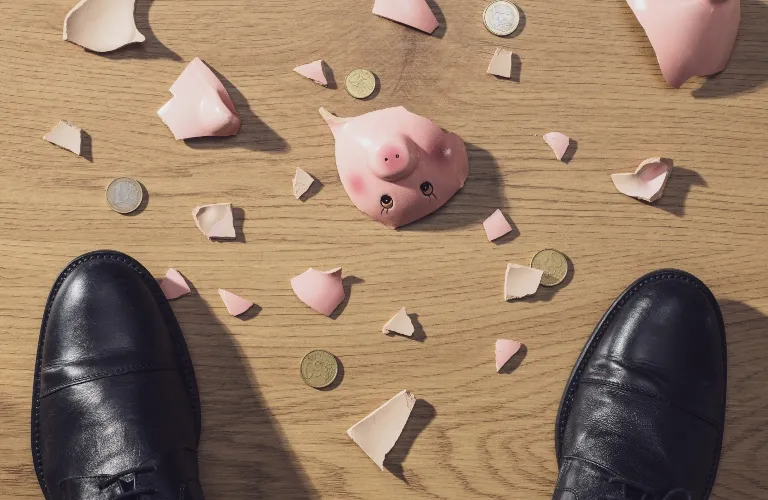 Overhead view of broken pink piggy bank pieces and coins scattered on wooden floor between black leather shoes.