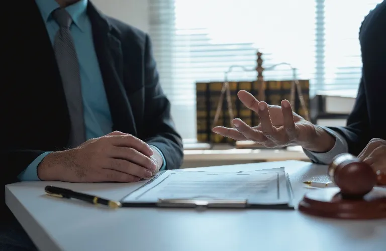 Two professionals in suits discussing documents at a desk with a gavel and legal books.
