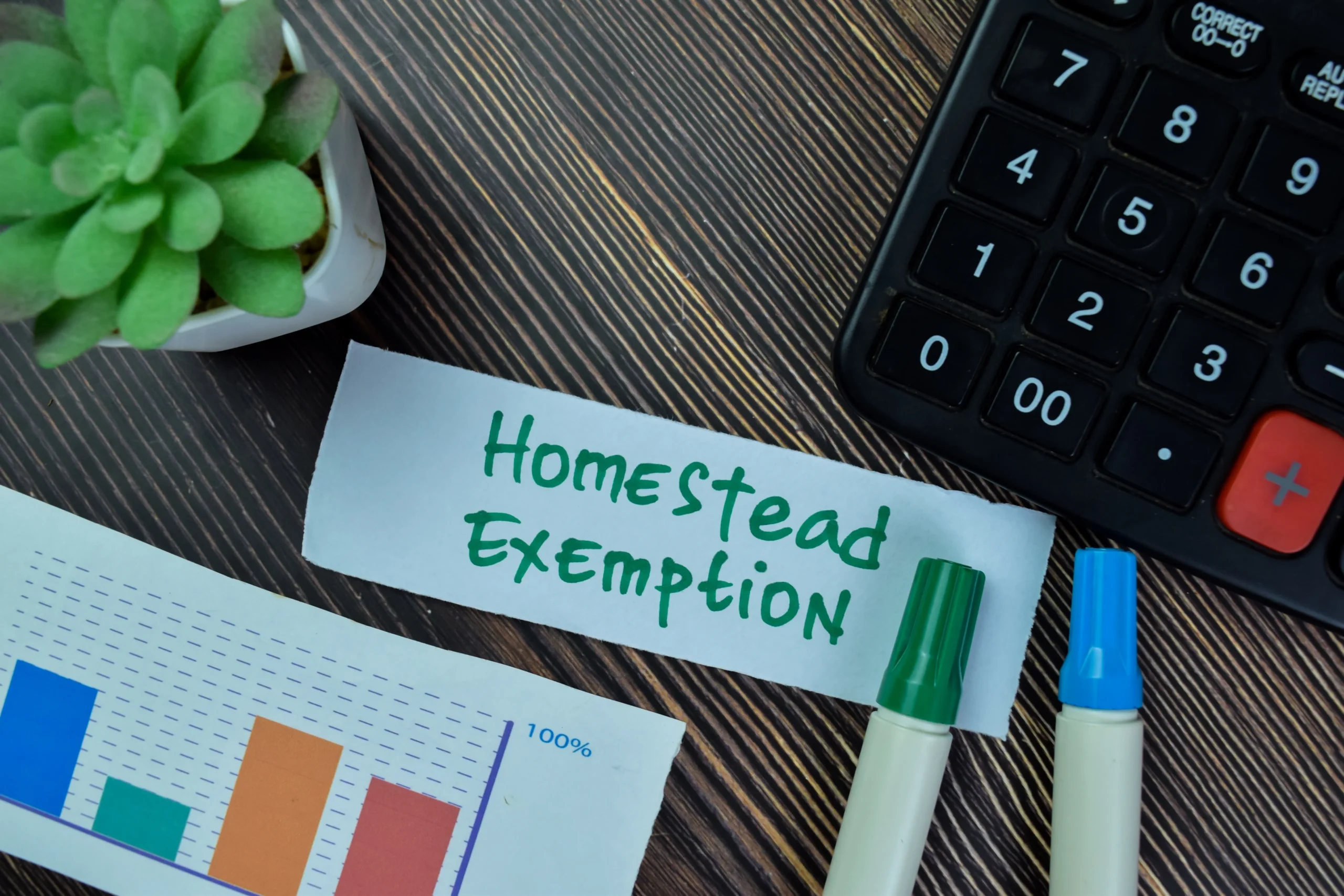 Close-up of a desk with a calculator, markers, a plant, and a note reading "Homestead Exemption.